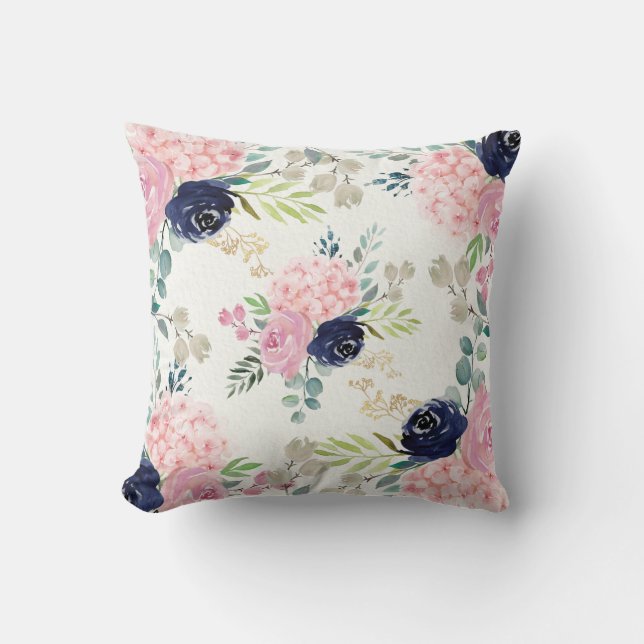 Blush Pink Hidrangea, Coussin floral bleu Navy (Recto)