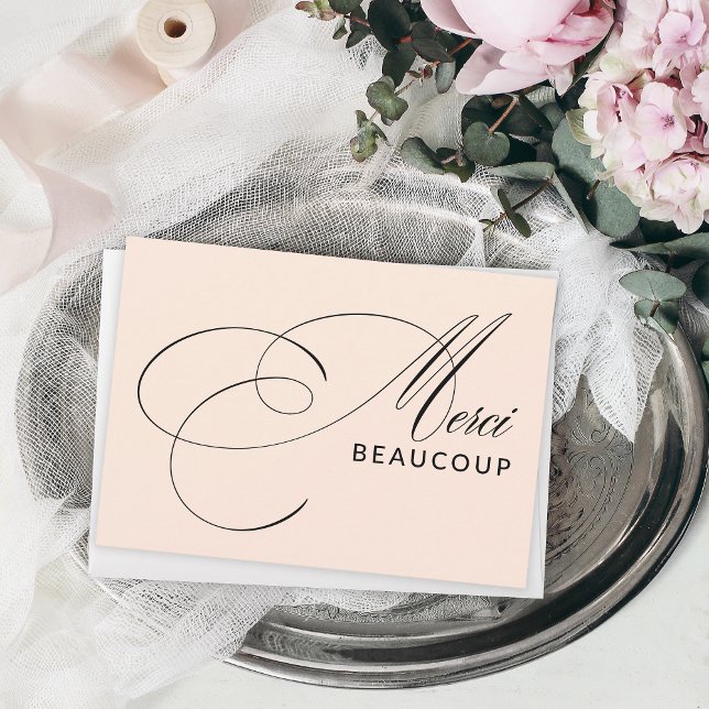 Blush Pink Merci Beaucoup Élégante Calligraphie (Show your taste and sense of style with this elegant thank you card in beautiful calligraphy script.)