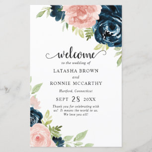 Blush Pink Navy Blue Floral Modern Wedding Program