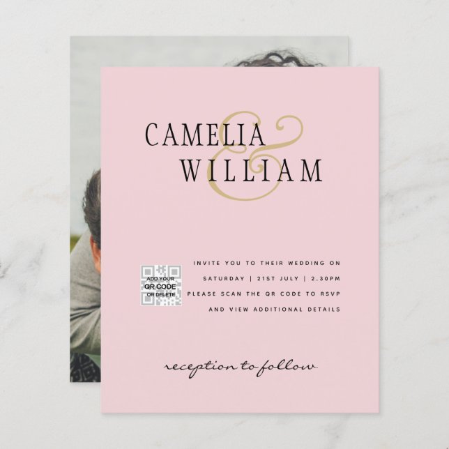 Blush PINK Photo Wedding Inviter QR Code Enregistr (Devant / Derrière)