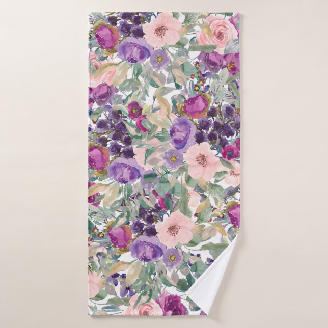 Blush Pink Purple Watercolor Floral Sage Green (Serviette de bain)