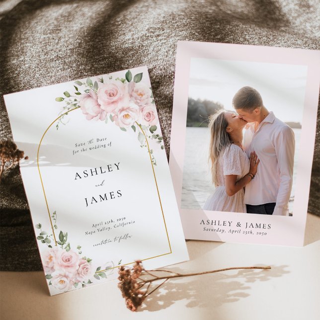 Blush Pink Rose Floral Arch Wedding Save the Date (Blush pink floral arch save the date wedding card with elegant typography and soft watercolor roses)
