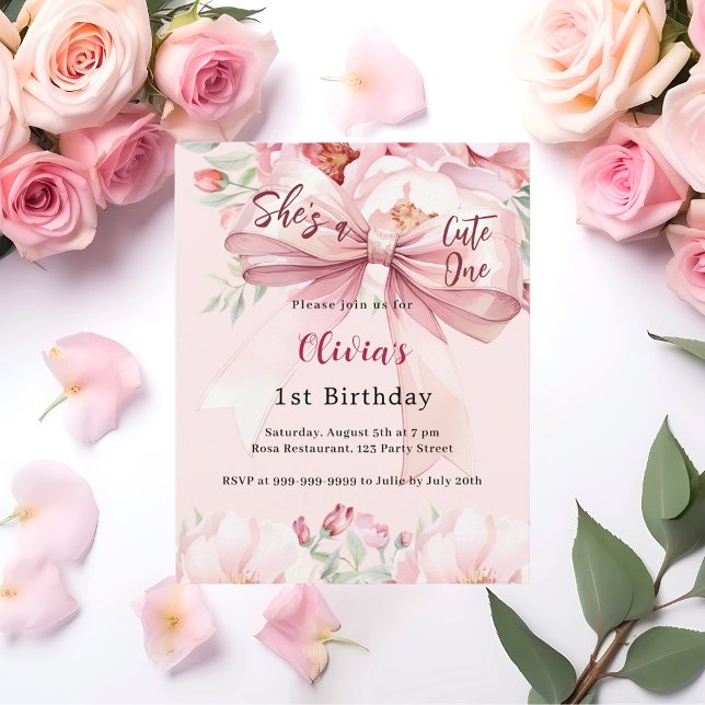 Blush rose bow mignon une invitation 1er anniversa (Créateur téléchargé)