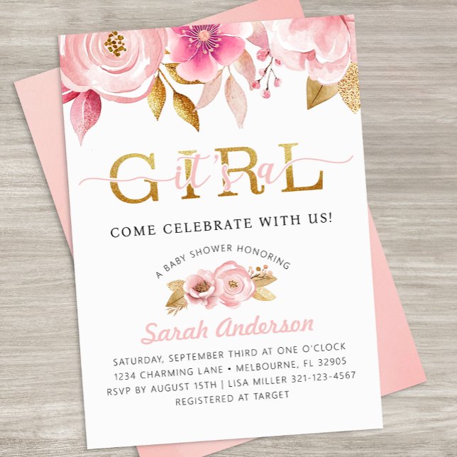 Blush rose floral bébé fille douche Invitation (It's A Girl Baby Shower Invite)