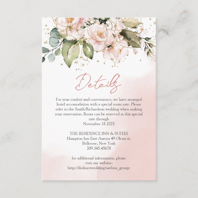 Blush Rose Floral Boho Mariage Détails Carte Chic (Devant)