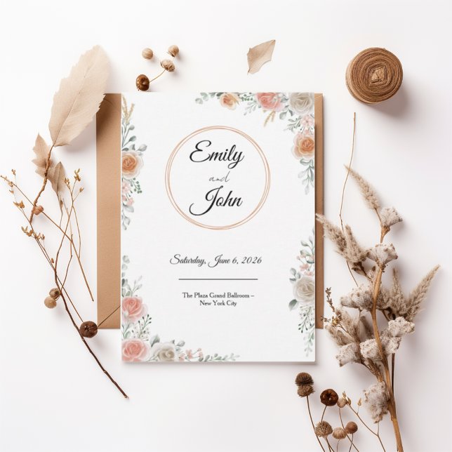 Blush Rose Floral Frame Elegant Wedding Invitation (Créateur téléchargé)