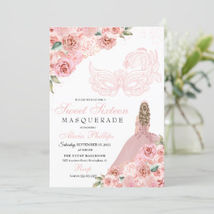 Blush rose Floral Masquerade Sweet 16 Invitation
