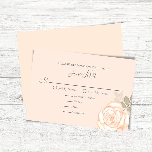 Blush Rose Floral Meal Choice Wedice RSVP (Peach floral wedding RSVP response card with elegant watercolor rose.)