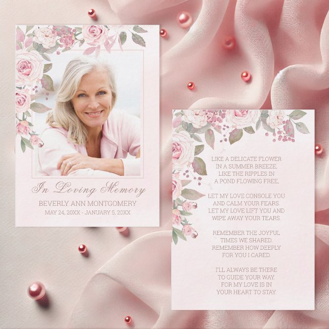 Blush Rose Floral Photo Funeral Carte (Elegant In Memory of Pink Rose Floral Photo Funeral Card with Poem)