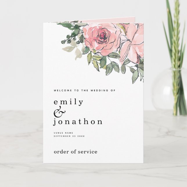 Blush Rose Florals Church Programme de mariage pli (Devant)