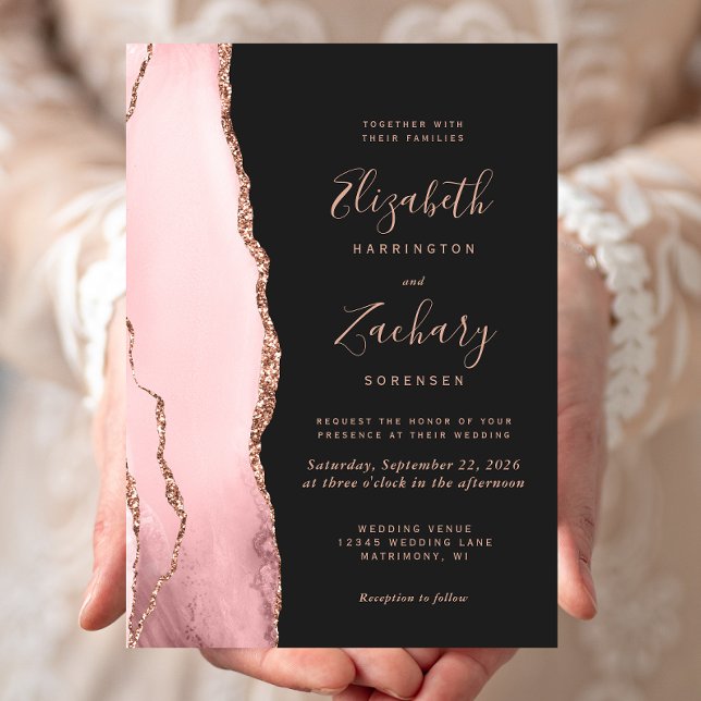 Blush Rose Gold Agate Dark Wedding Invitation (Créateur téléchargé)
