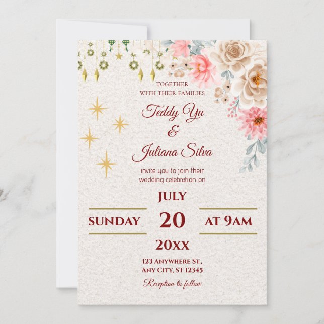 Blush Rose & Gold Stars Mariage Invitation (Devant)