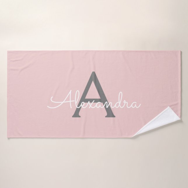 Blush Rose Gris Moderne Écriture Féminine Monogram (Serviette de bain)