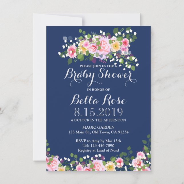 Blush Rose Navy Blue Baby Shower Invitations (Devant)