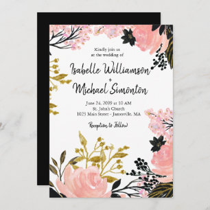 Blush rose, Noir, Gold Floral Invitations de maria