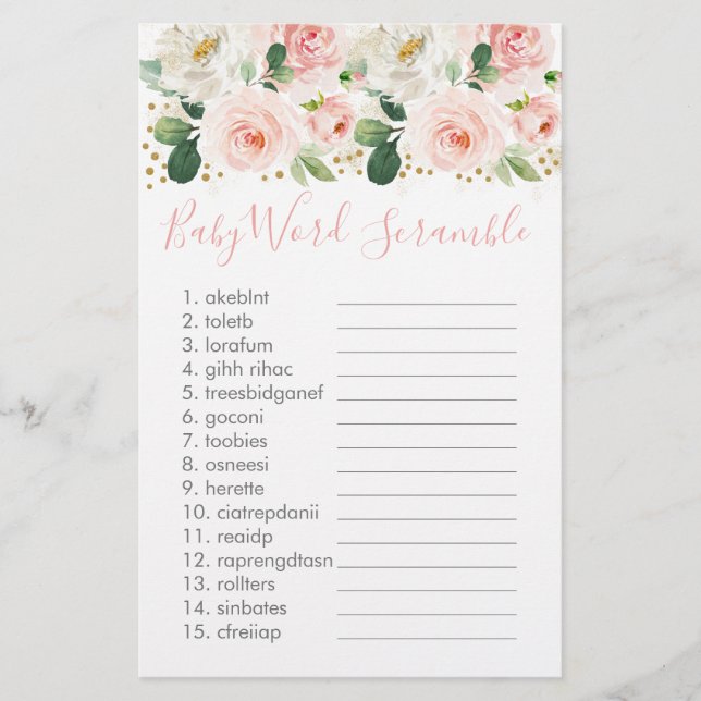 Blush Rose or Floral Baby Word Scramble Jeu (Devant)