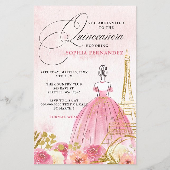 Blush Rose Tour Eiffel Paris Quinceañera Budget (Devant)