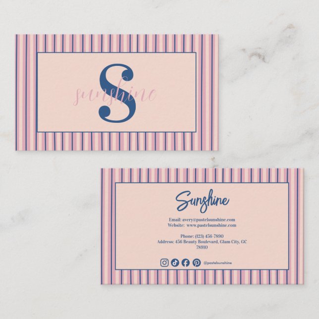 Blush Stripe Monogramme Cartes de Visite pour Entr (Devant / Derrière)