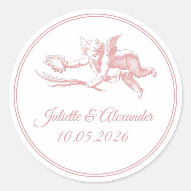 Blush Toile de Jouy Cupid Wedding Favor Stickers (Devant)