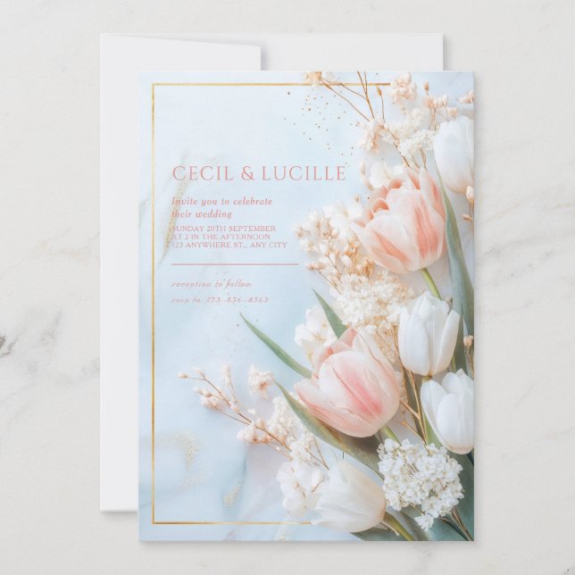 Blush Tulip Floral Faire-part de mariage (Devant)