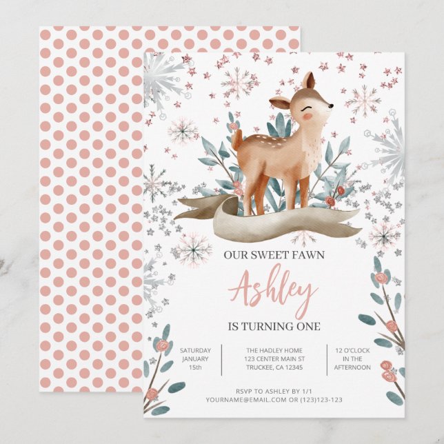 Blush Winter Cute Deer 1er Anniversaire Invitation (Devant / Derrière)