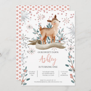 Blush Winter Cute Deer 1er Anniversaire Invitation