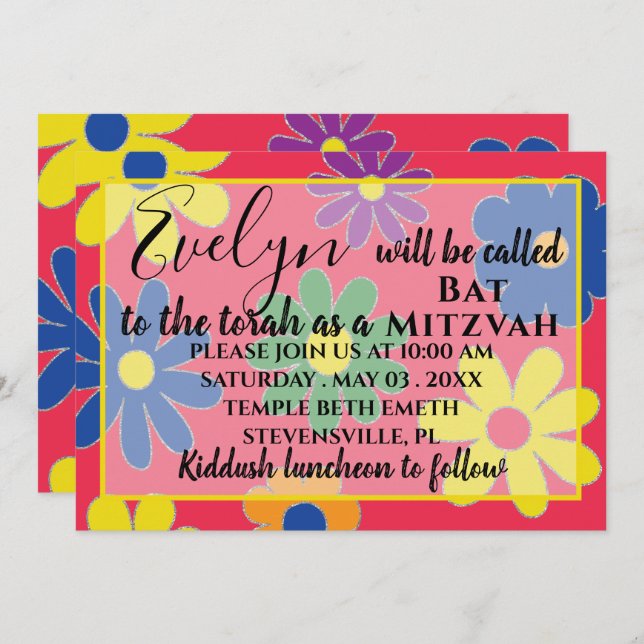 BM Bat N Bar Mitzvah Invitation Super Fleur (Devant / Derrière)