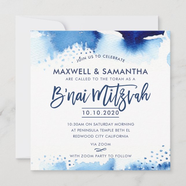 B'NAI MITZVAH INVITATION lettré à la main bleu aqu (Devant)