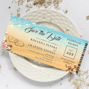 Boarding Pass Hearts in Sand Save the Date Invitat