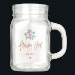 Bocal Mason Flower girl script nom personnalisé floral chic<br><div class="desc">Glam élégante aquarelle chic floral personnalisé pot de mariage avec parties scintillant en cuivre brossé à la main comme script de typographie, pétales de magnolia rose, feuilles d'eucalyptus à la menthe verte, et un petit coeur. Facile à personnaliser avec le nom de la fille de fleur. Convient pour les fêtes...</div>
