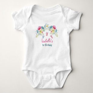 Body 1er anniversaire Papillons et fleurs bleus roses