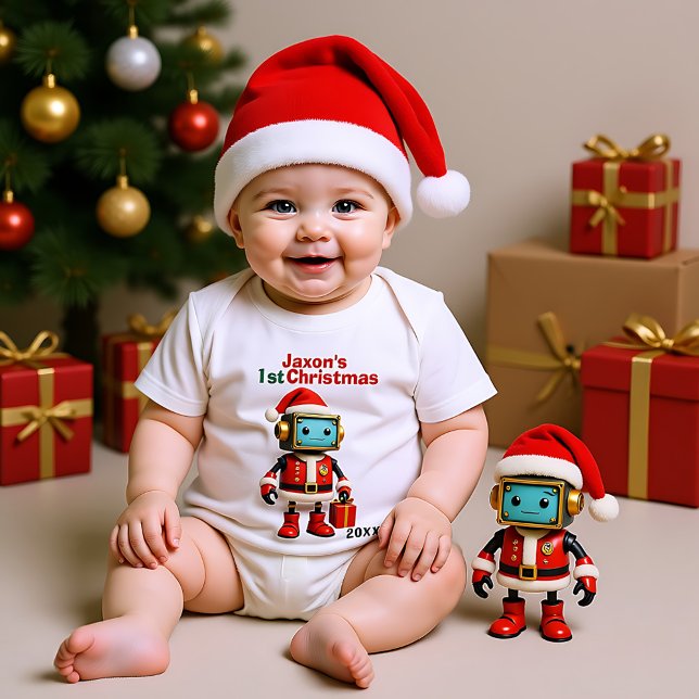 Body 🎄1st Christmas, custom text, Santa-Bot Sleighs (🎄1st Christmas, custom text, Santa-Bot Sleighs Baby Bodysuit)