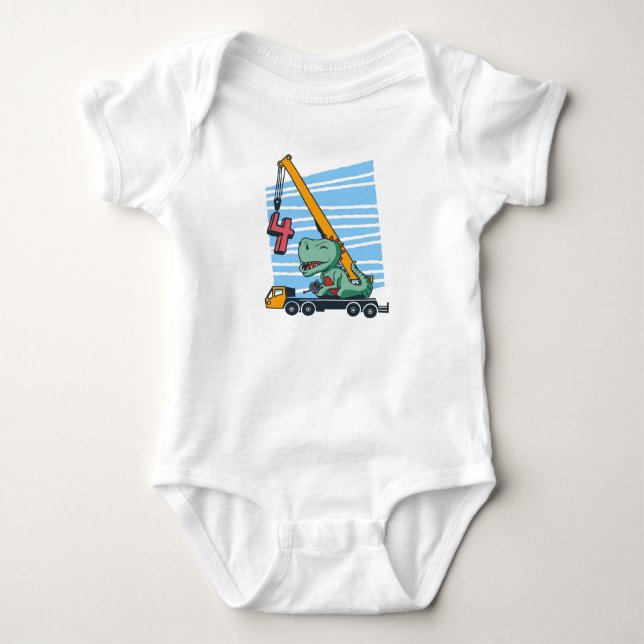 Body 4 ans 4ème anniversaire grue mobile dinosaure (Devant)