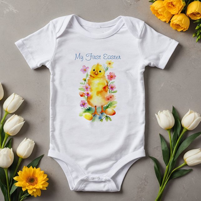Body Adorable 1ère Pâques Chick mignonne Aquarelle prin (Adorable baby's first Easter with cute chick flowers and eggs Spring outfit for sweet photoshoot)