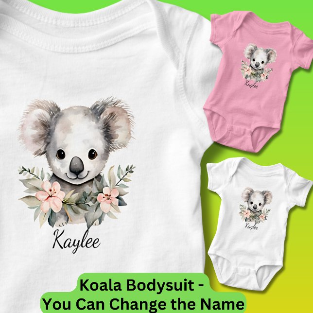 Body Ajouter Baby Name, Baby Koala avec fleurs (Koala One-Piece Bodysuit for Baby - Use the Vivid Printing Option when ordering a color bodysuit.)
