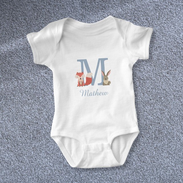 Body Animaux de la forêt Bleu Bébé Garçon Monogramme In (Woodland Animals Blue Baby Boy Initial Monogram Baby Bodysuit)
