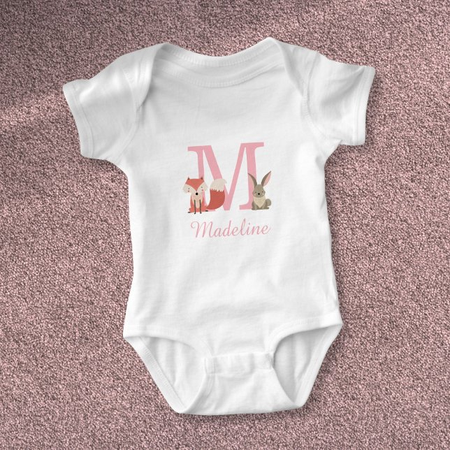 Body Animaux mignons de la forêt rose monogramme (Cute Forest Woodland Animals Pink Monogram Baby Bodysuit)