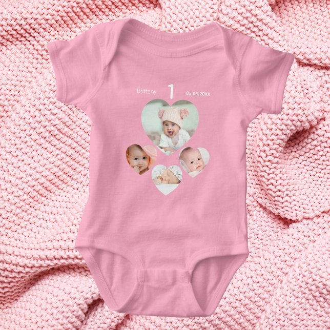 Body Anniversaire nom âge photo collage bébé fille rose (Créateur téléchargé)