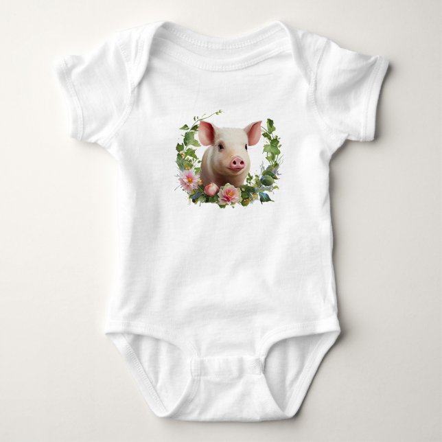 Body Aquarelle Bébé Cochon (Piglet) Fleur Wreath (Devant)