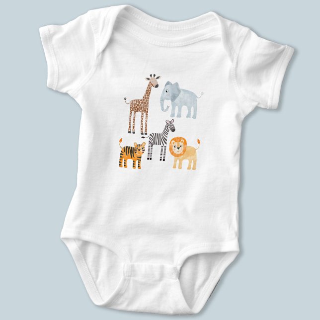 Body Aquarelle d'animaux de safari pour bébé mignons (Cute safari baby animals, lion tiger zebra elephant giraffe patterned baby body suit)