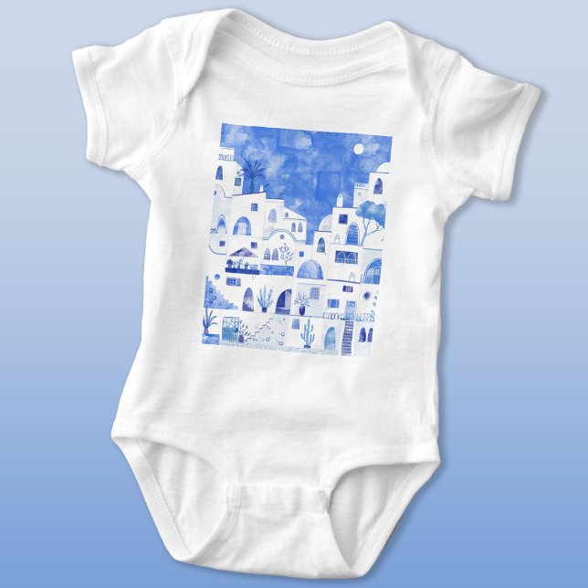 Body Aquarelle de l'île grecque Santorin (Santorini Oia Greek Island Mediterranean watercolor art baby bodysuit)