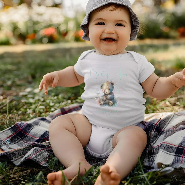 Body Aquarelle de l'ours en peluche Aquarelle Flore Ver (Teddy Bear Watercolor Floral Greenery Custom Name Baby Bodysuit)