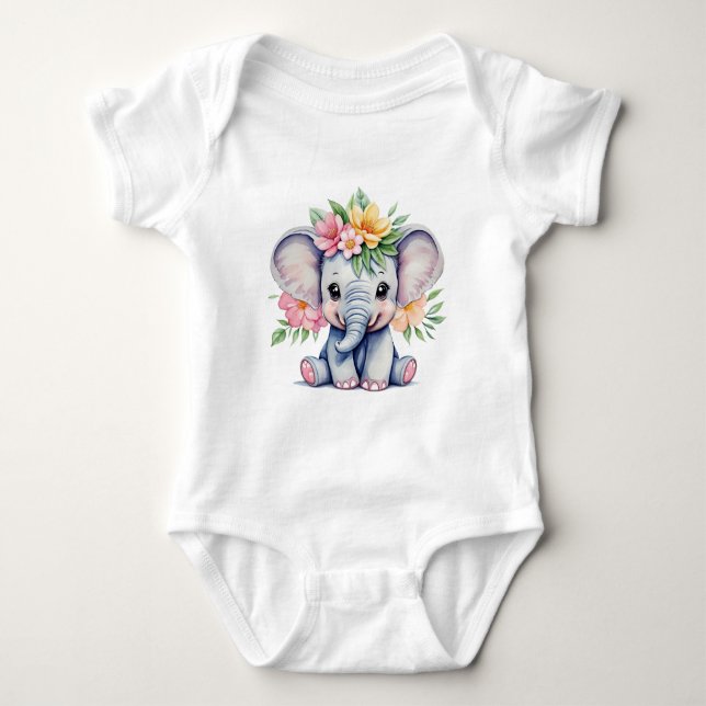 Body Aquarelle Eléphant mignon avec fleurs (Devant)