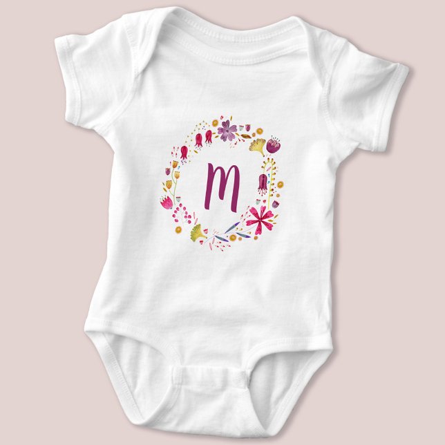 Body Aquarelle fleur sauvage Monogramme de couronne ini (Monogram initial personalized watercolor wildflower baby bodysuit)