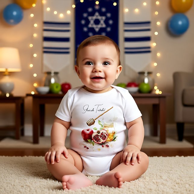 Body Aquarelle Shanah Tovah avec pot de miel (Watercolor Shanah Tovah with jar of honey Baby Bodysuit)
