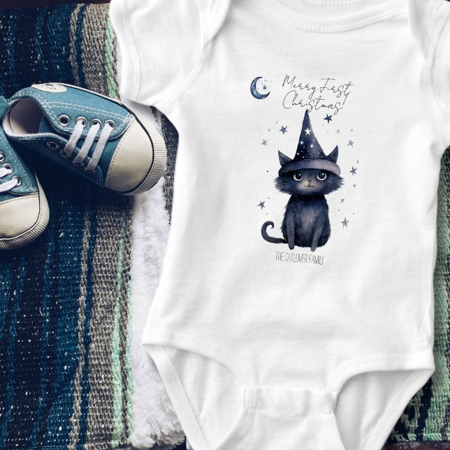 Body Aquarelle Whimsical Noir Chat Bleu Noël (Cute Magical Wizard Black Cat Watercolor Christmas Baby Bodysuit )