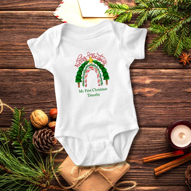 Body Arc-en-ciel de Noël Rouge Vert Mon 1er Noël  (My First Christmas Personalized Baby Body Suit. Gift for Baby Boy or Girl)
