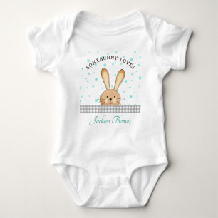 Body Baby Boy Cute Bunny Amour Turquoise/gris Personnal