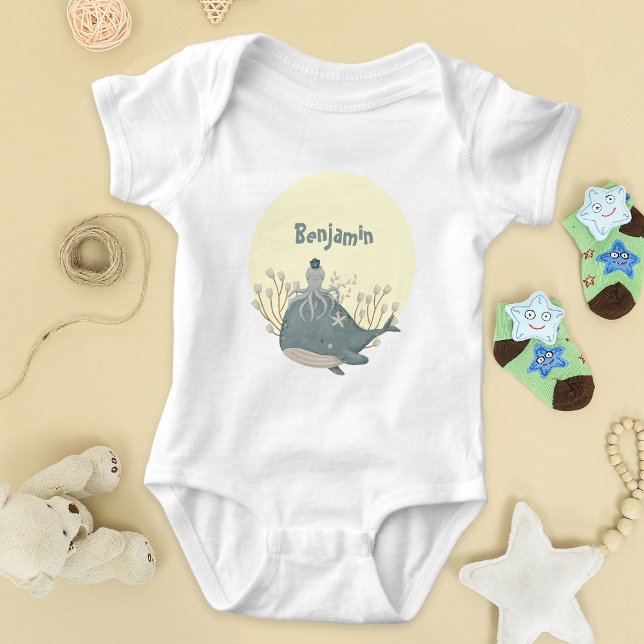 Body Baby shower de pieuvre de baleine marine douce (Sweet Nautical Whale Squid Watercolor Baby Shower Baby Bodysuit ©Susanne Sachers - Sunny Mind Design)
