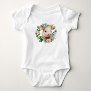 Body Baby Watercolor Piglet avec couronne de fleurs